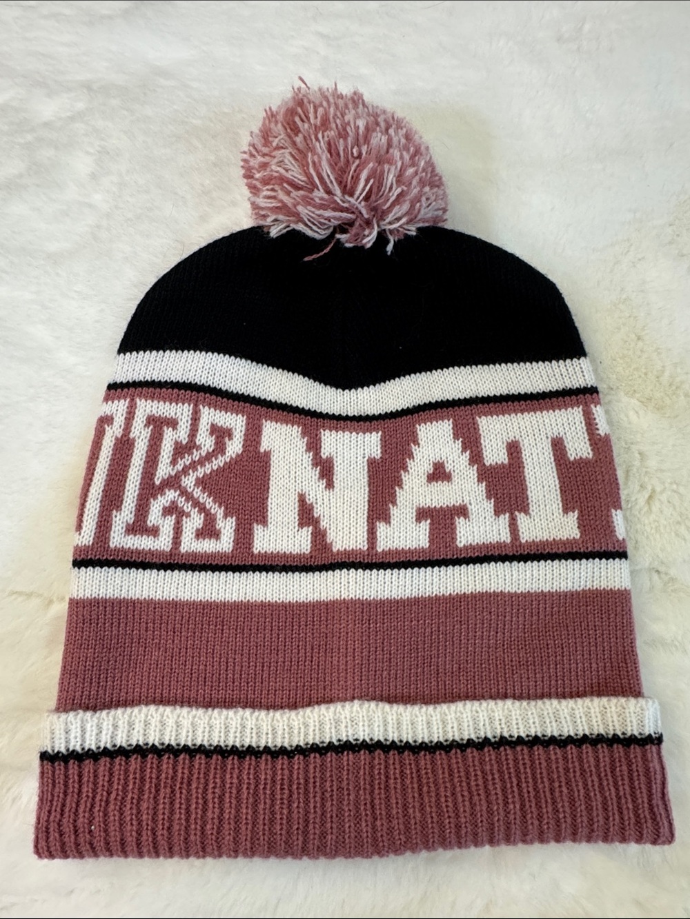 PINK Nation Victoria's Secret Women Beanie OS Pink Black White Pom Pom Knit Hat